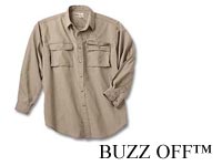 A tan, long-sleeved shirt made by the company "Buzz Off."