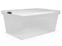A clear plastic storage bin with a white lid.