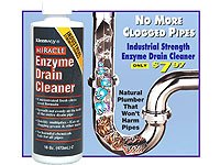 A bottle of Enzyme Drain Cleaner with an illustration of it unclogging a pipe.