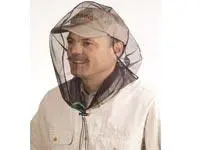 A man wearing a mosquito net.