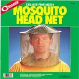 A mosquito head net box depicting a man wearing a mosquito head net.