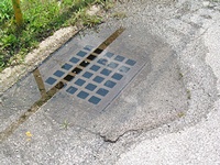 A clogged sewer drain with a puddle over it.