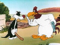 The Looney Tunes cartoon characters Sylvester the cat and Rooster Foghorn Leghorn having a disagreement.